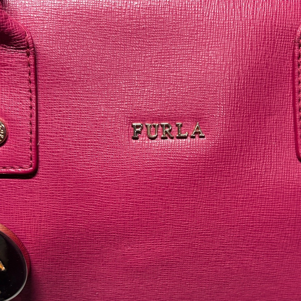 Furla Fuchsia Pink Saffiano Leather Gialla Satchel Handbag Crossbody EUC - Picture 2 of 14